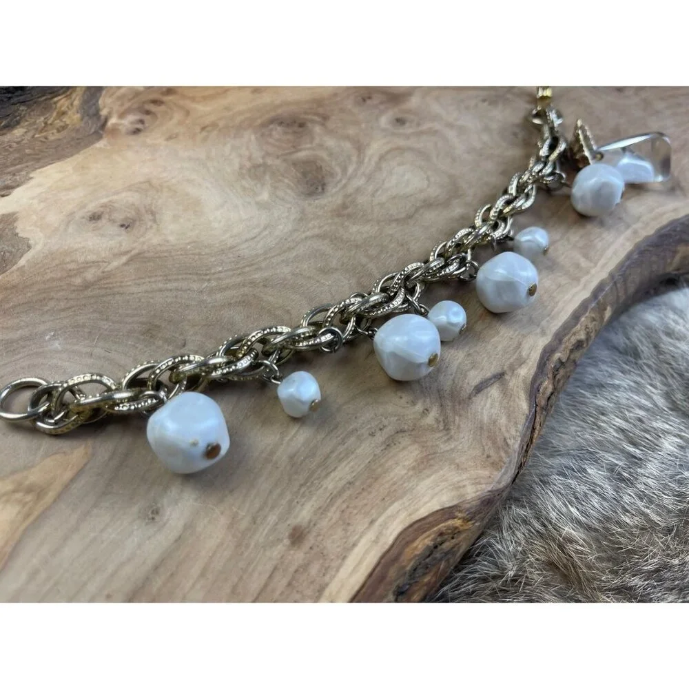 Gold tone chain link faux pearl bracelet glam‎ white chunky jewelry